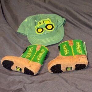 John Deere infant boots size M and baby one size fits most baseball cap.